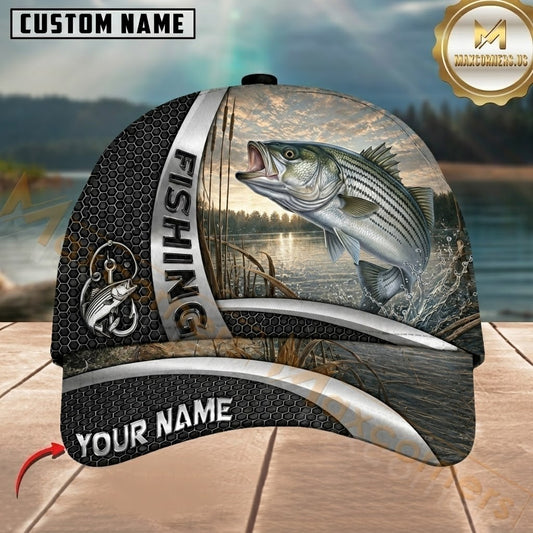 Maxcorners Fishing Black Hexagon Silver Accent Customized Name 3D Cap