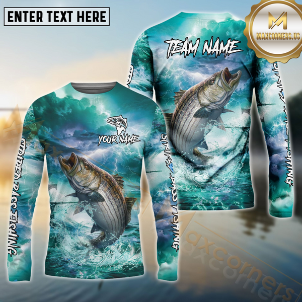 Maxcorners Striped Bass Fishing Storm Ocean Style Pattern Sport Jersey Personalized Name, Team Name Long Sleeve Shirt