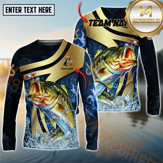 Maxcorners Fishing Luxury Gold Wave Water Splash Design Personalized Name, Team Name Long Sleeve Shirt (9 Breeds)