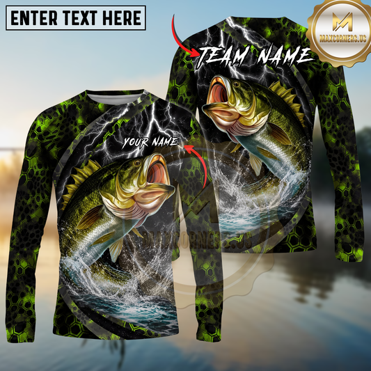 Maxcorners Fishing Lightning Hexagon Personalized Name, Team Name Long Sleeve Shirt (9 Fish Species)