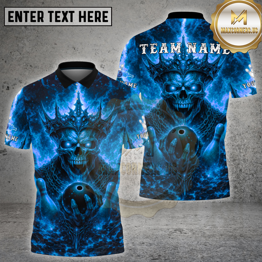 Maxcorners Bowling Skull King Flaming Crown Graphic Multicolor Options Personalized Name, Team Name 3D Shirt (4 Colors)