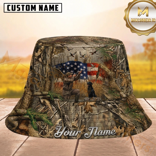 Maxcorners Duck Deer Dog Hunting American Flag Camo Personalized Name 3D Bucket Hat
