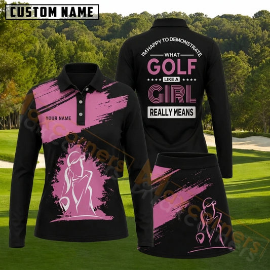 Maxcorners Golf Like A Girl Pink And Black Golf Personalized Name 3D Golf Shirt and Golf Skirt