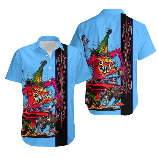 Maxcorners Rat Fink Hawaiian Shirt - Retro Hot Rod Cartoon, Flames & Classic Kustom Art NEW