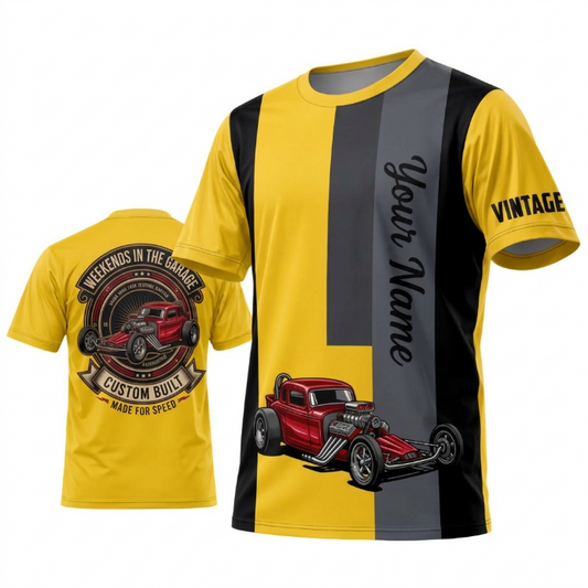 (8 Colors) Maxcorners Personalized Car Classic Muscle Car 3D T-Shirt - Vintage Black Yellow Racing Stripes and Red Muscle Car