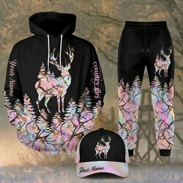 Maxcorners Hunting Black Pastel Camo Deer Forest Pattern Personalized 3D Combo Hoodie, Sweatpants Set & Cap