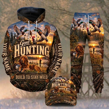 Maxcorners Hunting Gone Hunting Build Stay Wild Hound Dog Duck Sunset Personalized 3D Combo Hoodie, Sweatpants Set & Cap
