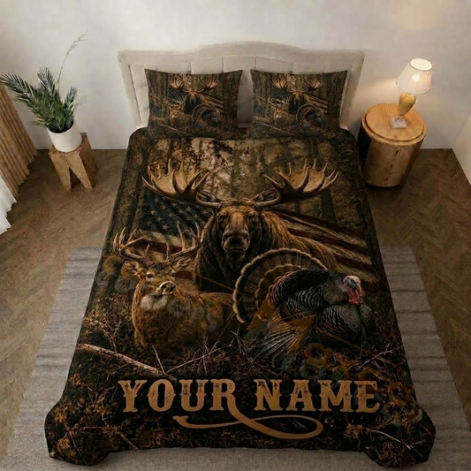 Maxcorners Hunting Deer Moose Turkey Rustic Brown Bedding Set 3D Print Custom Name