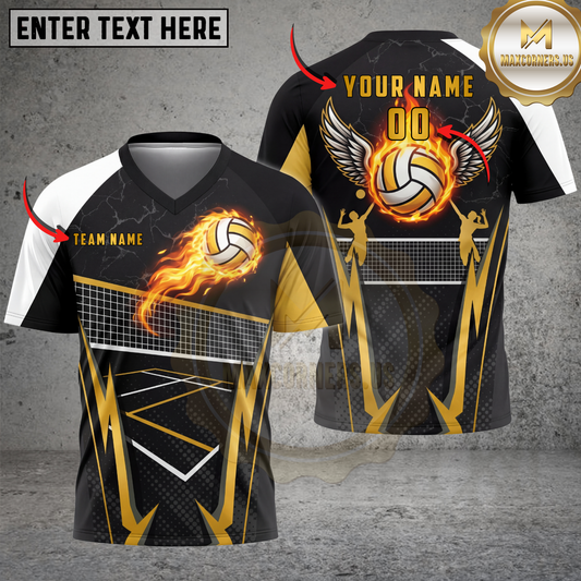 Maxcorners Volleyball Lightning Court Action Premium Gold Accent Multicolor Options Personalized 3D V-neck T-Shirt
