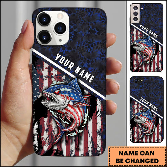 Maxcorners Tuna Fishing Patriotic USA Flag Honeycomb Tech Style Personalized Name Phone Case