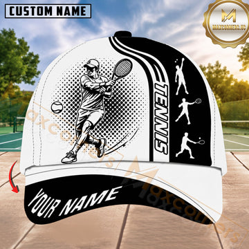Maxcorners Tennis Dynamic Player Black White Halftone Honeycomb Graphic 3D Design Personalized Name 3D Cap