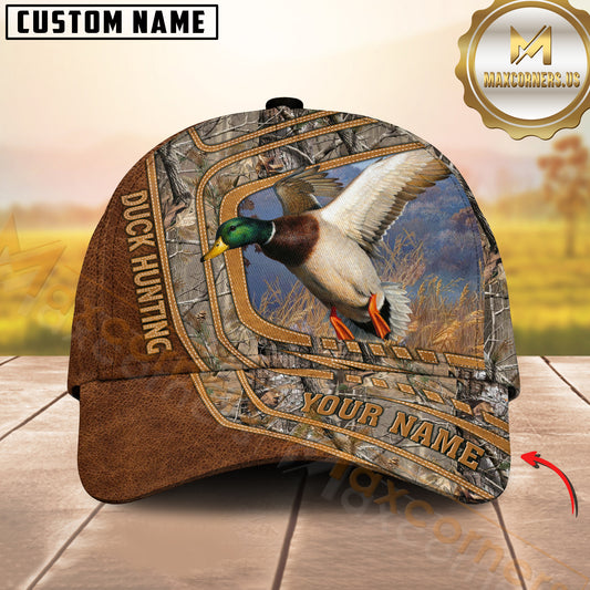 Maxcorners Duck Hunting Mallard Camo Forest Leather Patch Personalized Name Cap (4 Colors)