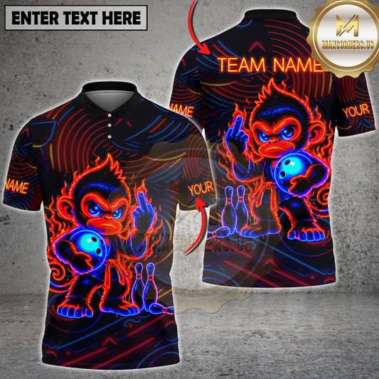 Maxcorners Bowling Monkey Shirt Neon Flame Angry Monkey Cartoon Graphic Multicolor Options Personalized Name, Team Name 3D Shirt (2 Colors)