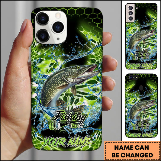 Maxcorners Pike Fishing Neon Green Honeycomb Water Splash Personalized Name Phone Case