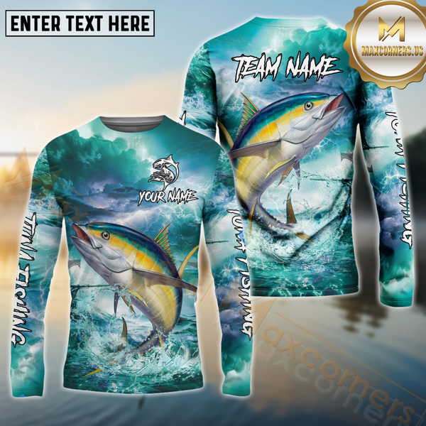 Maxcorners Tuna Fishing Storm Ocean Style Pattern Sport Jersey Personalized Name, Team Name Long Sleeve Shirt