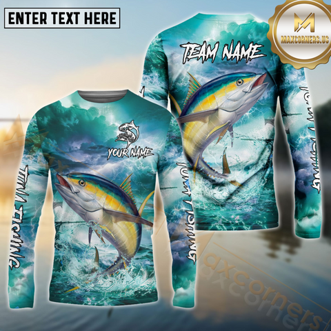 Maxcorners Tuna Fishing Storm Ocean Style Pattern Sport Jersey Personalized Name, Team Name Long Sleeve Shirt