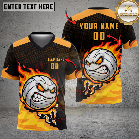 Maxcorners Volleyball Fireball Angry Cartoon Graphic Multicolor Options Personalized 3D V-neck T-Shirt
