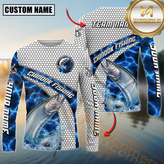 Maxcorners Largemouth Bass Fishing Honeycomb Electric Water Splash Personalized Name, Team Name Long Sleeve Shirt (11 Fish Species)