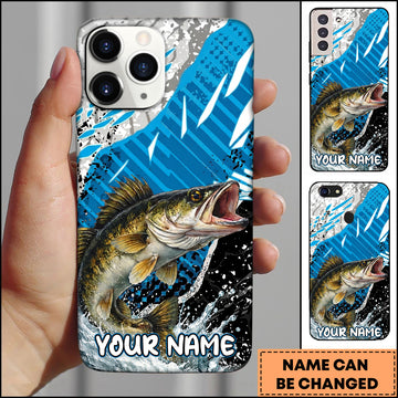 Maxcorners Fishing Jumping Walleye Blue Geometric Splash Art Personalized Name Phone Case