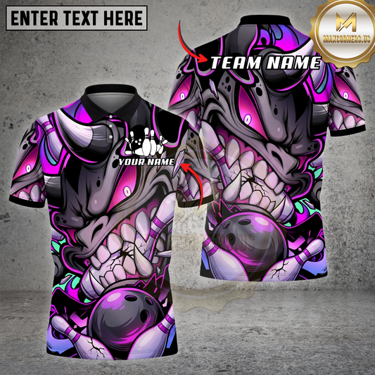 Maxcorners Bowling Shirt Graffiti Monster Face Bowling Ball Smash Art Multicolor Options Personalized Name, Team Name 3D Shirt (4 Colors)