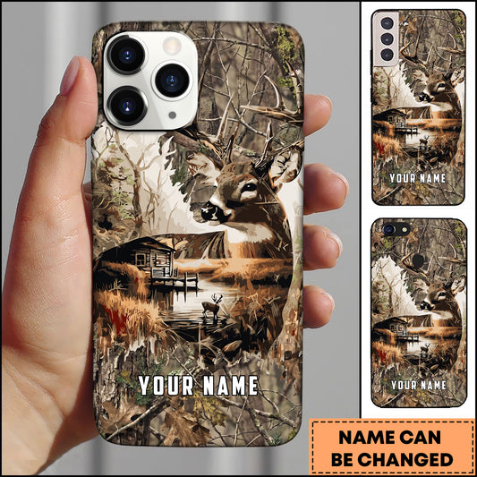 Maxcorners Deer Wilderness Cabin Lake Camouflage Style Multicolor Options Personalized Name 3D Phonecase