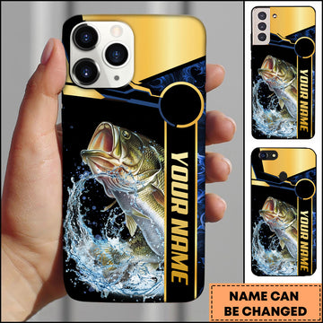 Maxcorners Bass Fishing Black Gold Tech Frame Water Splash Personalized Name Phone Case