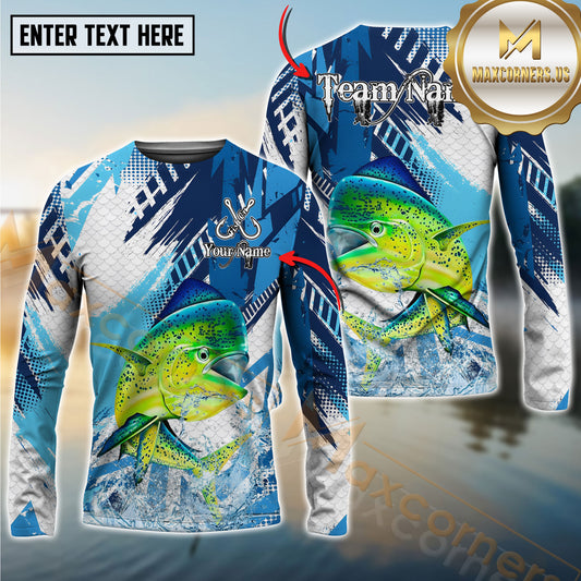 Maxcorners Saltwater Fish Fishing Water Splash Scale Pattern Personalized Name, Team Name Long Sleeve Shirt (6 Breeds)