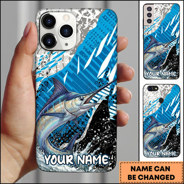 Maxcorners Fishing Jumping Marlin Blue Geometric Splash Art Personalized Name Phone Case