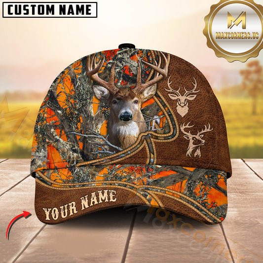 Maxcorners Deer Hunting Camo Forest & Brown Leather Curved Stitch Pattern Personalized Name 3D Cap (6 Colors)