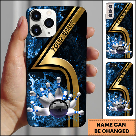 Maxcorners Bowling Phone Case Luxury Gold Number Five Bowling Strike Red Smoke Personalized Name Phone Case | Blue