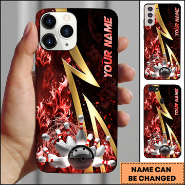 Maxcorners Bowling Phone Case Gold Lightning Bowling Strike Red Fire Background Personalized Name Phone Case | Red