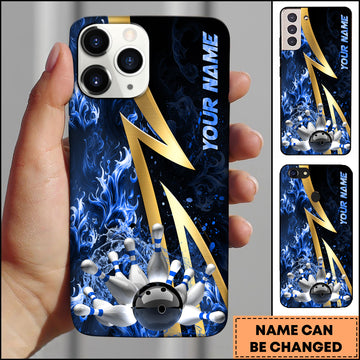 Maxcorners Bowling Phone Case Gold Lightning Bowling Strike Red Fire Background Personalized Name Phone Case | Blue