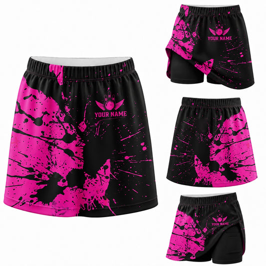Maxcorners Bowling Pink Black Paint Splatter Personalized 3D Skort, Skirts With Shorts