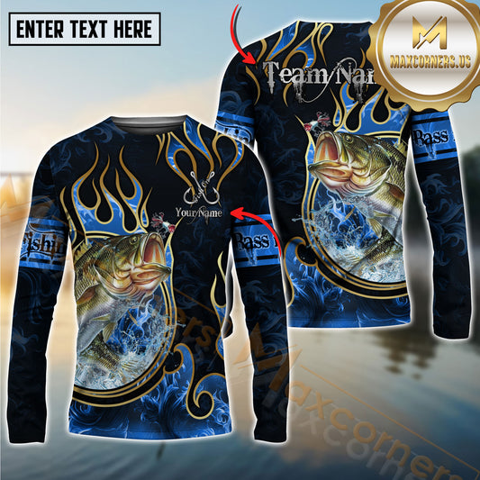 Maxcorners Freshwater Fish Fishing Flame Dark Blue Luxury Pattern Personalized Name, Team Name Long Sleeve Shirt (6 Breeds)