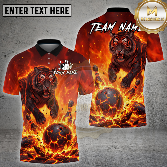 Maxcorners Fire Tiger Bowling Strike Lava Explosion Multicolor Options Personalized Name, Team Name 3D Shirt (4 Colors)