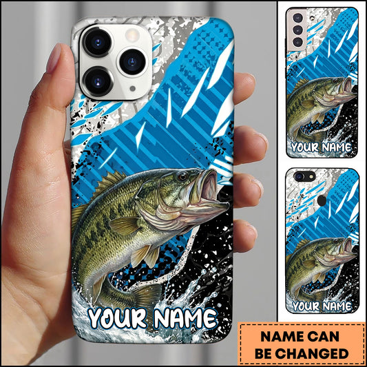Maxcorners Fishing Jumping Blue Geometric Splash Art Personalized Name Phone Case (10 Fish Species)