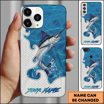 Maxcorners Marlin Fishing Ocean Blue Wave Scale Pattern Splash Personalized Name Phone Case