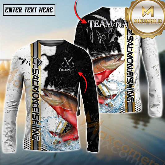 Maxcorners Salmon Fishing Split Grunge Splash Design Personalized Name, Team Name Long Sleeve Shirt