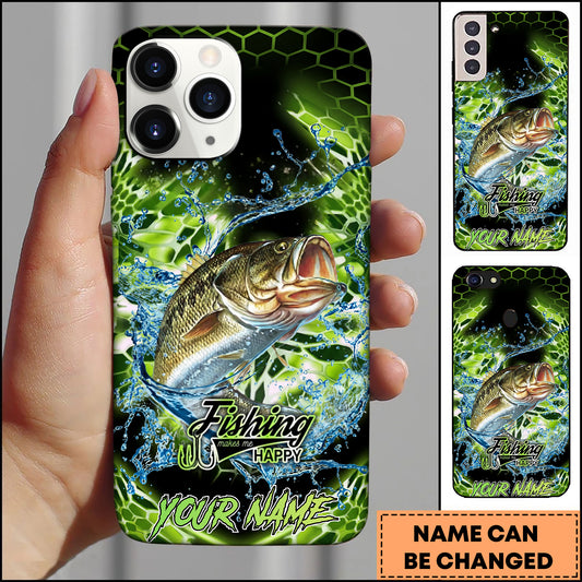 Maxcorners Bass Fishing Neon Green Honeycomb Water Splash Personalized Name Phone Case