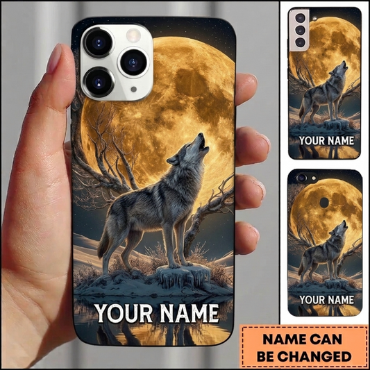Maxcorners Hunting Majestic Wolf Golden Full Moon Winter Night Customized Name Phone Case