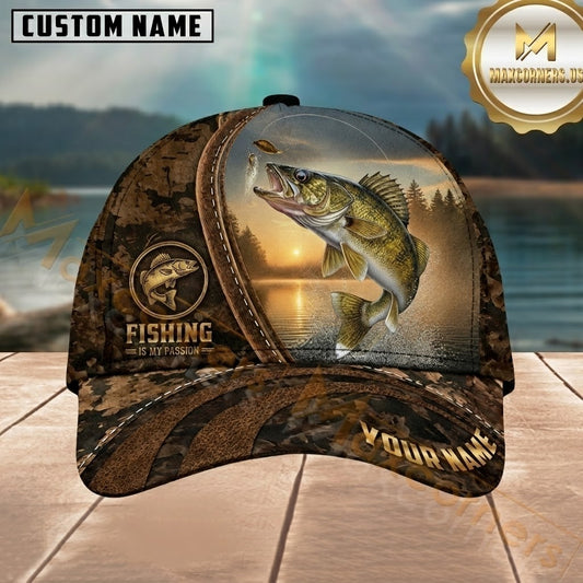 Maxcorners Fishing Rustic Brown Camo Sunset Lake Customized Name 3D Cap