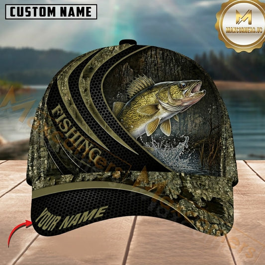 Maxcorners Fishing Black Olive Woodland Wave Customized Name 3D Cap