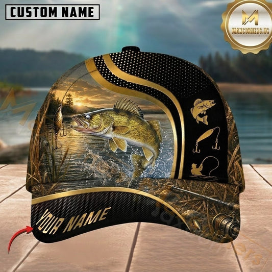 Maxcorners Fishing Black Gold Sunset Lake Customized Name 3D Cap