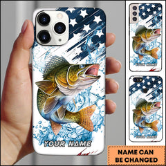 Maxcorners Walleye Fishing Jumping Walleye American Flag Splash Art Personalized Name Phone Case
