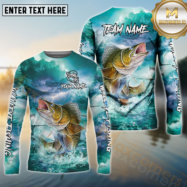 Maxcorners Walleye Fishing Storm Ocean Style Pattern Sport Jersey Personalized Name, Team Name Long Sleeve Shirt