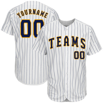 Maxcorners Custom White Navy Pinstripe Navy-Gold Authentic Baseball Jersey LM2605