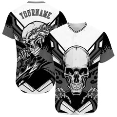 Maxcorners Custom White Gray-Black 3D Skull Authentic Baseball Jersey LM0609