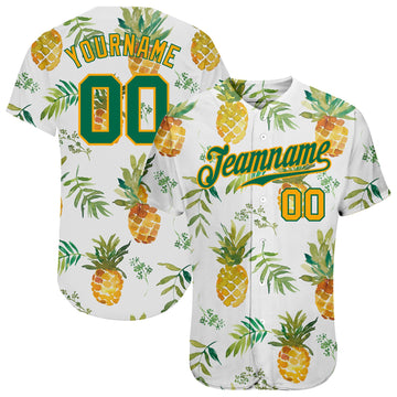 Maxcorners Custom White Kelly Green-Gold 3D Pattern Design Hawaii Pineapples Authentic Baseball Jersey LM2605