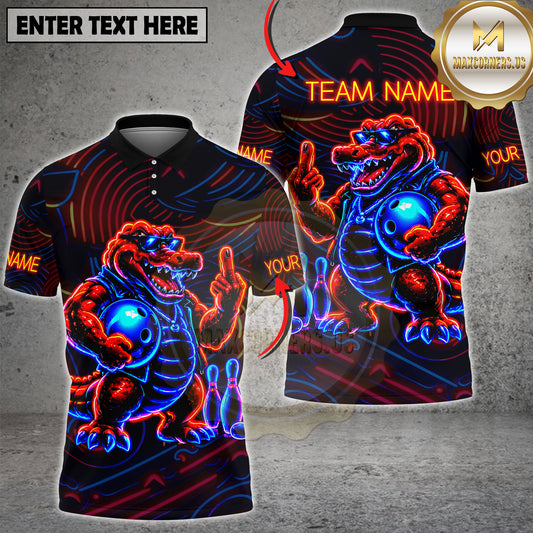 Maxcorners Bowling Alligator Shirt Neon Fire Crocodile Street Style Graphic Multicolor Options Personalized Name, Team Name 3D Shirt (2 Colors)