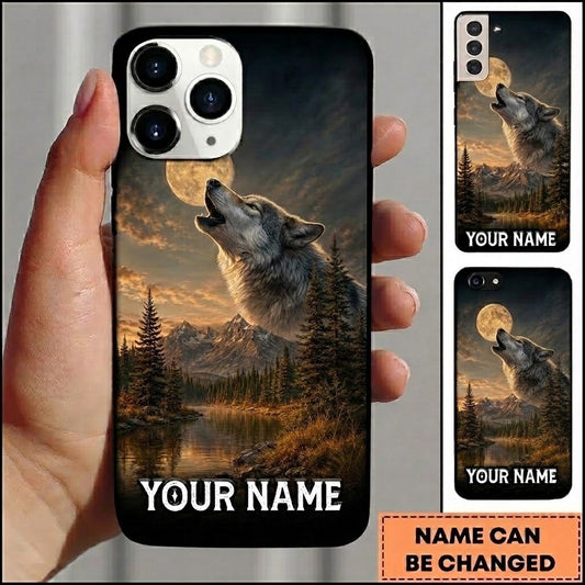 Maxcorners Hunting Roaring Wolf Golden Moonlit Mountain Lake Customized Name Phone Case